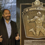 
              FILE - Hall of Fame running back, Pittsburgh Steelers' Franco Harris stands on the spot of the "Immaculate Reception" after a marker commemorating the 40th anniversary of the play was unveiled where Three Rivers Stadium once stood on the Northside of Pittsburgh, Saturday, Dec. 22, 2012. Franco Harris, the Hall of Fame running back whose heads-up thinking authored “The Immaculate Reception,” considered the most iconic play in NFL history, died Wednesday, Dec. 21, 2022. He was 72.  (AP Photo/Gene J. Puskar, File)
            