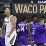 
              Baylor guard Keyonte George (1) reacts to a score against Tarleton State in the second half of an NCAA college basketball game, Tuesday, Dec. 6, 2022, in Waco, Texas. (AP Photo, Rod Aydelotte)
            