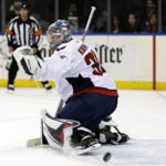 
              Washington Capitals goaltender Darcy Kuemper watches a shot by the New York Rangers go wide of the net during the second period of an NHL hockey game Tuesday, Dec. 27, 2022, in New York. (AP Photo/Adam Hunger)
            