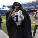 
              Philadelphia Eagles' Jalen Hurts reacts after an NFL football game against the Chicago Bears, Sunday, Dec. 18, 2022, in Chicago. (AP Photo/Nam Y. Huh)
            