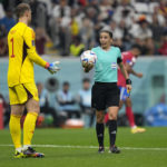 
              Referee Stephanie Frappart, right, talks with Germany's goalkeeper Manuel Neuer during the World Cup group E soccer match between Costa Rica and Germany at the Al Bayt Stadium in Al Khor, Qatar, Thursday, Dec. 1, 2022. (AP Photo/Darko Bandic)
            