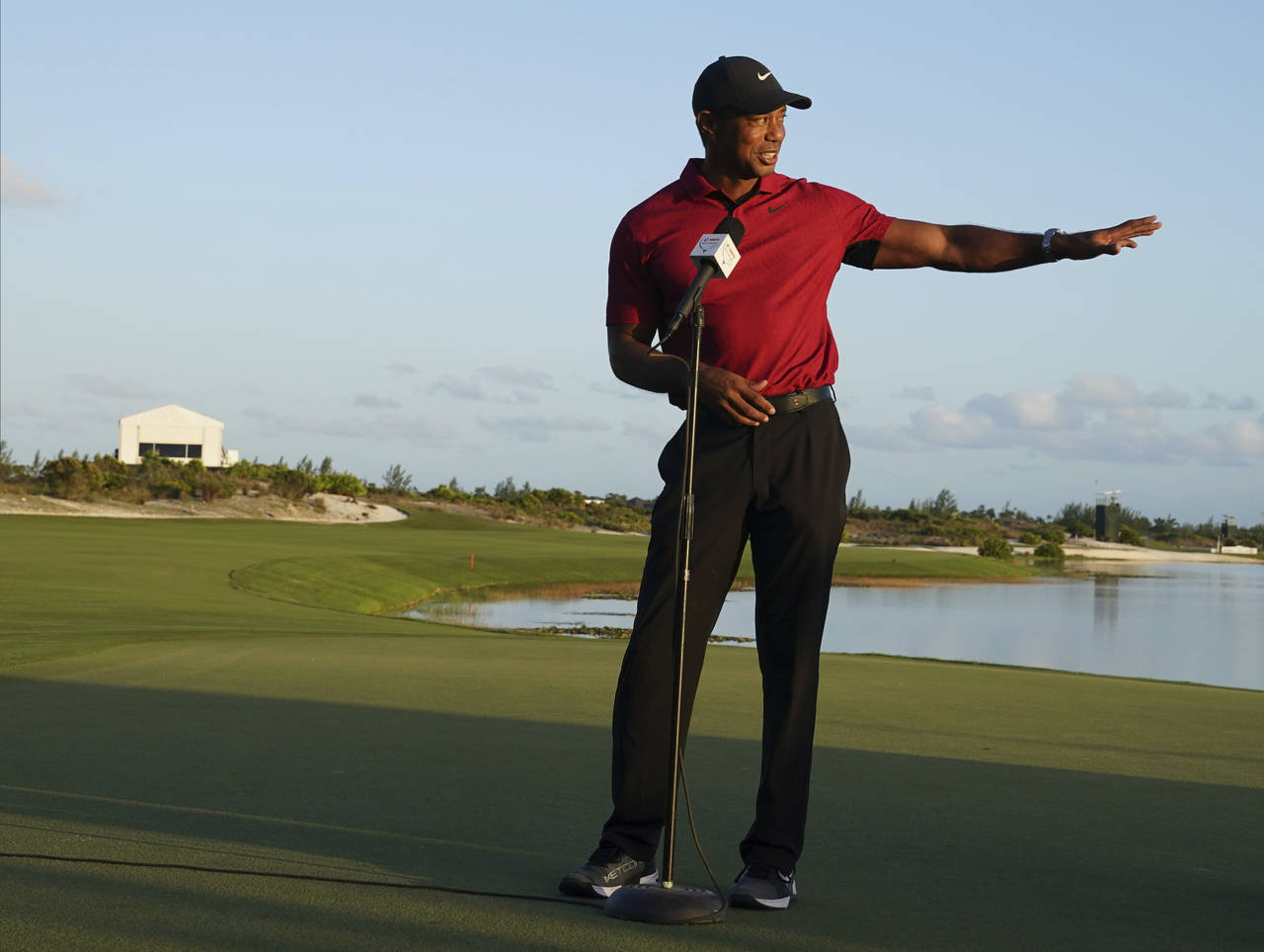 Tiger Woods speaks during the trophy ceremony of the Hero World Challenge PGA Tour at the Albany Go...