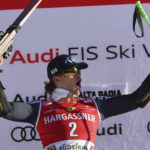 
              The winner Norway's Lucas Braathen celebrates after an alpine ski, men's World Cup giant slalom, in Alta Badia, Italy, Sunday, Dec. 18, 2022. (AP Photo/Alessandro Trovati)
            