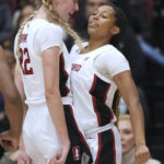 
              Stanford guard Indya Nivar, right, celebrates with forward Cameron Brink after scoring against Arizona State during the first half of an NCAA college basketball game Saturday, Dec. 31, 2022 in Stanford, Calif. (AP Photo/Darren Yamashita)
            