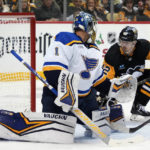 
              Pittsburgh Penguins' Kasperi Kapanen (42) gets a shot behind St. Louis Blues goaltender Thomas Greiss (1) for his third goal of the night, during the second period of an NHL hockey game in Pittsburgh, Saturday, Dec. 3, 2022. (AP Photo/Gene J. Puskar)
            