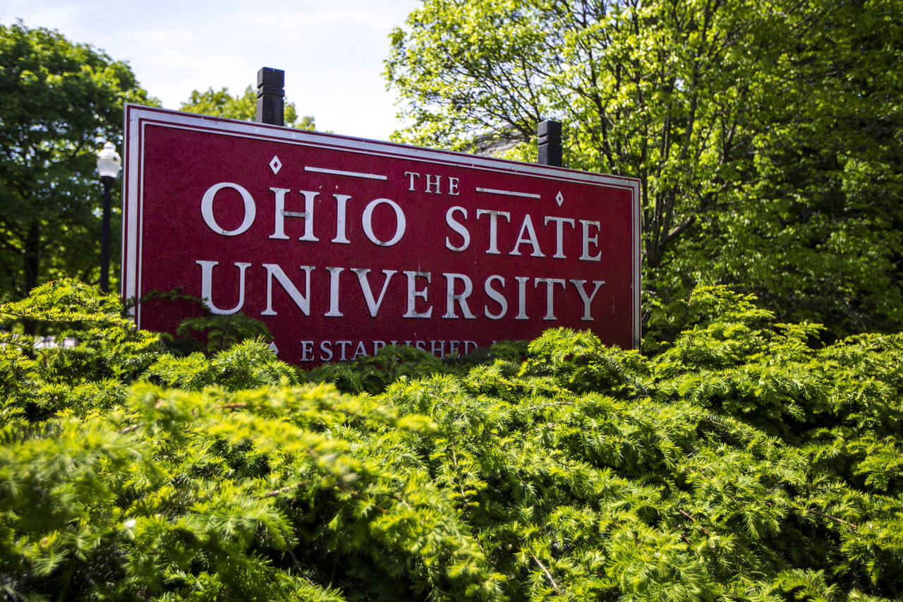 FILE - A sign for Ohio State University stands in Columbus, Ohio, on May 8, 2019. An appeals court ...