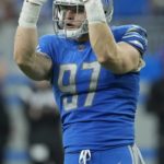 
              Detroit Lions' Aidan Hutchinson reacts after sacking Minnesota Vikings' Kirk Cousins during the second half of an NFL football game Sunday, Dec. 11, 2022, in Detroit. (AP Photo/Paul Sancya)
            