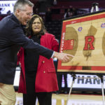 
              Director of Athletics at Rutgers University, Pat Hobbs, left, with former Rutgers head coach, C. Vivian Stringer, at a ceremony held in her honor during half time at the Big Ten Conference women's college basketball game between the Rutgers Scarlet Knights and the Ohio State Buckeyes in Piscataway, N.J., Sunday, Dec. 4, 2022.  (AP Photo/Stefan Jeremiah)
            