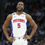 
              Detroit Pistons guard Alec Burks (5) reacts to a foul call during the first half of an NBA basketball game against the Minnesota Timberwolves, Saturday, Dec. 31, 2022, in Minneapolis. (AP Photo/Abbie Parr)
            