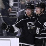 
              Los Angeles Kings right wing Carl Grundstrom, right, celebrates his goal against the Arizona Coyotes with defenseman Tobias Bjornfot during the second period of an NHL hockey game in Los Angeles, Thursday, Dec. 1, 2022. (AP Photo/Alex Gallardo)
            