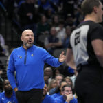 
              Dallas Mavericks head coach Jasaon Kidd shouts in the direction of an official in the second half of an NBA basketball game against the Oklahoma City Thunder, Monday, Dec. 12, 2022, in Dallas. (AP Photo/Tony Gutierrez)
            