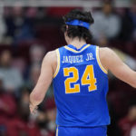 
              UCLA guard Jaime Jaquez Jr. reacts after scoring a 3-point basket against Stanford during the first half of an NCAA college basketball game in Stanford, Calif., Thursday, Dec. 1, 2022. (AP Photo/Godofredo A. Vásquez)
            