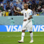 
              Ghana's Andre Ayew reacts after he misses to score a penalty during the World Cup group H soccer match between Ghana and Uruguay, at the Al Janoub Stadium in Al Wakrah, Qatar, Friday, Dec. 2, 2022. (AP Photo/Manu Fernandez)
            