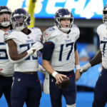 
              Tennessee Titans quarterback Ryan Tannehill (17) reacts after being sacked against the Los Angeles Chargers during the second half of an NFL football game in Inglewood, Calif., Sunday, Dec. 18, 2022. (AP Photo/Ashley Landis)
            