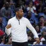 
              New Orleans Pelicans head coach Willie Green calls out from the bench in the first half of an NBA basketball game against the Detroit Pistons in New Orleans, Wednesday, Dec. 7, 2022. (AP Photo/Gerald Herbert)
            