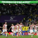 
              Croatia's players celebrate after the penalty shootout at the World Cup quarterfinal soccer match between Croatia and Brazil, at the Education City Stadium in Al Rayyan, Qatar, Friday, Dec. 9, 2022. (AP Photo/Martin Meissner)
            