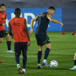 
              Portugal's Cristiano Ronaldo, center, plays the ball with teammates during his team training session at the World Cup in Doha, Qatar, Thursday, Dec. 8, 2022. (AP Photo/Francisco Seco)
            