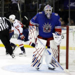 
              New York Rangers goaltender Igor Shesterkin reacts after giving up a goal to the Washington Capitals during the first period of an NHL hockey game Tuesday, Dec. 27, 2022, in New York. (AP Photo/Adam Hunger)
            