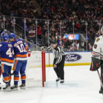 
              New York Islanders celebrate after scoring a goal against the Chicago Blackhawks during the second period of an NHL hockey game on Sunday, Dec. 4, 2022, in Elmont, N.Y. (AP Photo/Eduardo Munoz Alvarez)
            