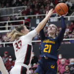 
              California guard Mia Mastrov shoots over Stanford guard Hannah Jump during the first half of an NCAA college basketball game in Stanford, Calif., Friday, Dec. 23, 2022. (AP Photo/Godofredo A. Vásquez)
            