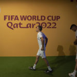 
              Spain's head coach Luis Enrique, left, and goalkeeper Unai Simon arrive ahead of an official news conference at Qatar University, in Doha, Qatar, Wednesday, Nov. 30, 2022. Spain will play its first final match in Group E in the World Cup against Japan on Dec. 1. (AP Photo/Julio Cortez)
            