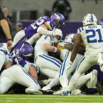 
              Indianapolis Colts quarterback Matt Ryan (2) is stopped on a fourth down run during the second half of an NFL football game against the Minnesota Vikings, Saturday, Dec. 17, 2022, in Minneapolis. (AP Photo/Abbie Parr)
            