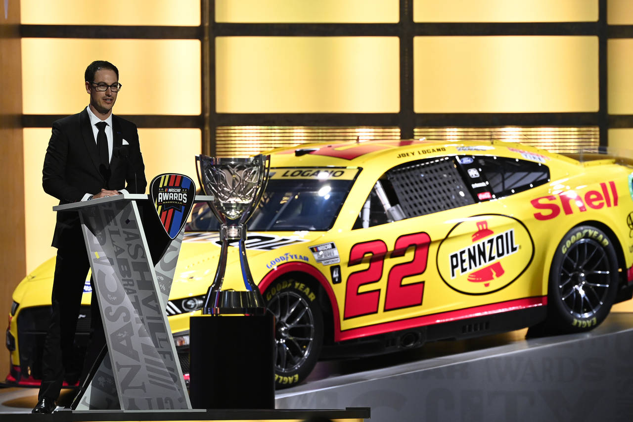 NASCAR Cup Series champion Joey Logano speaks during the NASCAR Awards on Thursday, Dec. 1, 2022, i...