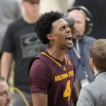 
              Arizona State guard Desmond Cambridge Jr. yells as he leaves the court after an NCAA college basketball game against Colorado, Thursday, Dec. 1, 2022, in Boulder, Colo. (AP Photo/David Zalubowski)
            
