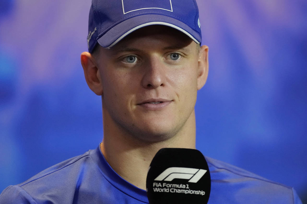 Haas' German driver Mick Schumacher talks in a press conference during previews ahead of the F1 Gra...