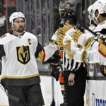 
              Vegas Golden Knights right wing Mark Stone, left, is congratulated after scoring a shorthanded goal against the Anaheim Ducks during the first period of an NHL hockey game in Anaheim, Calif., Wednesday, Dec. 28, 2022. (AP Photo/Alex Gallardo)
            