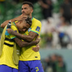 
              Brazil's Raphinha, left, and Brazil's Danilo react after the penalty shootout at the World Cup quarterfinal soccer match between Croatia and Brazil, at the Education City Stadium in Al Rayyan, Qatar, Friday, Dec. 9, 2022. (AP Photo/Martin Meissner)
            