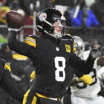 
              Pittsburgh Steelers quarterback Kenny Pickett (8) throws a pass during the first half of an NFL football game against the Las Vegas Raiders in Pittsburgh, Saturday, Dec. 24, 2022. (AP Photo/Fred Vuich)
            