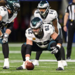 
              FILE - Philadelphia Eagles center Jason Kelce (62) lines up before the snap during the team's NFL football game against the Indianapolis Colts, Nov. 20, 2022, in Indianapolis. Four-time All-Pro center Kelce anchors the team's offensive line. Kelce is the heart and soul of the team and the city. He’s joined by three-time Pro Bowl right tackle Lane Johnson, left tackle Jordan Mailata, right guard Isaac Seumalo, left, and left guard Landon Dickerson.(AP Photo/Zach Bolinger, File)
            