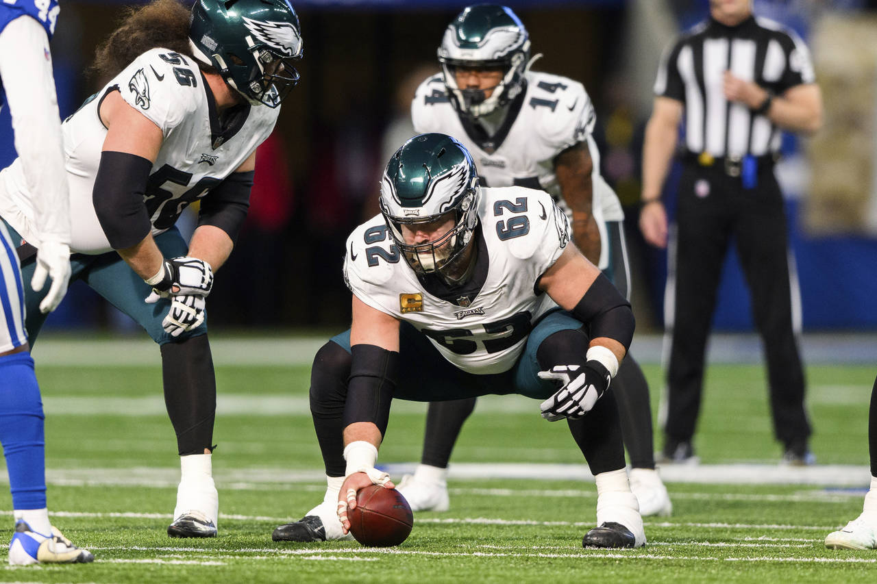 FILE - Philadelphia Eagles center Jason Kelce (62) lines up before the snap during the team's NFL f...