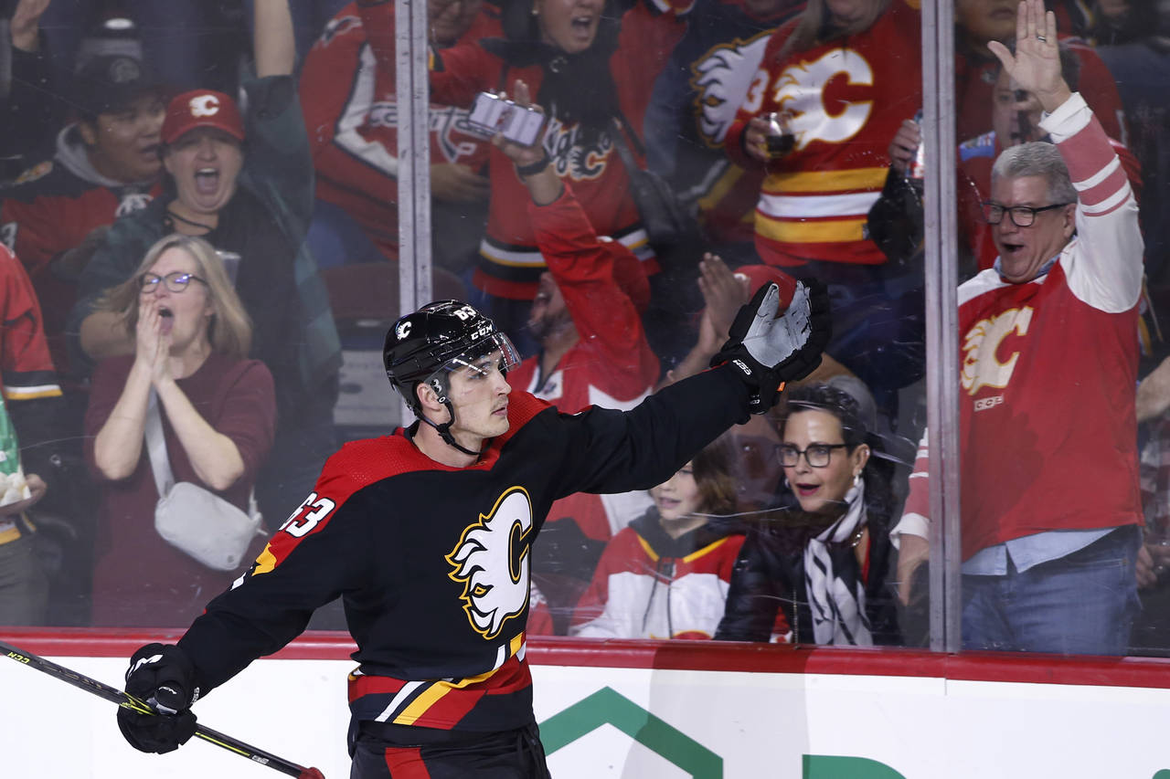 Calgary Flames' Adam Ruzicka celebrates his goal against the Washington Capitals during the third p...