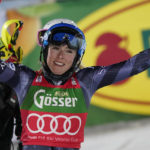 
              United States' Mikaela Shiffrin celebrates after winning an alpine ski, World Cup women's slalom in Semmering, Austria, Thursday, Dec. 29, 2022. (AP Photo/Giovanni Auletta)
            