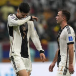 
              Germany's Kai Havertz, left, and Germany's Mario Goetze react after the World Cup group E soccer match between Costa Rica and Germany at the Al Bayt Stadium in Al Khor , Qatar, Thursday, Dec. 1, 2022. (AP Photo/Martin Meissner)
            
