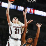 
              South Carolina forward Chloe Kitts (21) shoots against Charleston Southern guard Carleigh Andrews (13) during the first half of an NCAA college basketball game in Columbia, S.C., Sunday, Dec. 18, 2022. (AP Photo/Nell Redmond)
            
