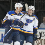
              St. Louis Blues left wing Pavel Buchnevich (89) celebrates after scoring on New York Rangers goaltender Igor Shesterkin (31) in the first period of an NHL hockey game, Monday, Dec. 5, 2022, in New York. (AP Photo/John Minchillo)
            