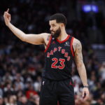 
              Toronto Raptors guard Fred VanVleet (23) reacts to the bench during the second half of an NBA basketball game against the Brooklyn Nets in Toronto, Friday, Dec. 16, 2022. (Cole Burston/The Canadian Press via AP)
            
