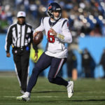 
              Houston Texans quarterback Jeff Driskel (6) runs out of the pocket against the Tennessee Titans during the first half of an NFL football game, Saturday, Dec. 24, 2022, in Nashville, Tenn. (AP Photo/John Amis)
            