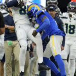 
              Seattle Seahawks tight end Noah Fant, left, is knocked out of bounds by Los Angeles Rams defensive back Jalen Ramsey during the first half of an NFL football game Sunday, Dec. 4, 2022, in Inglewood, Calif. (AP Photo/Marcio Jose Sanchez)
            