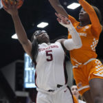 
              Stanford forward Francesca Belibi (5) shoots against Tennessee forward Rickea Jackson during the first half of an NCAA college basketball game in Stanford, Calif., Sunday, Dec. 18, 2022. (AP Photo/Godofredo A. Vásquez)
            
