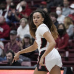 
              Stanford guard Haley Jones reacts after scoring against California during the first half of an NCAA college basketball game in Stanford, Calif., Friday, Dec. 23, 2022. (AP Photo/Godofredo A. Vásquez)
            