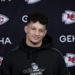
              Kansas City Chiefs quarterback Patrick Mahomes listens to a question during a news conference after an NFL football game against the Houston Texans Sunday, Dec. 18, 2022, in Houston. The Chiefs won 30-24 in overtime. (AP Photo/David J. Phillip)
            