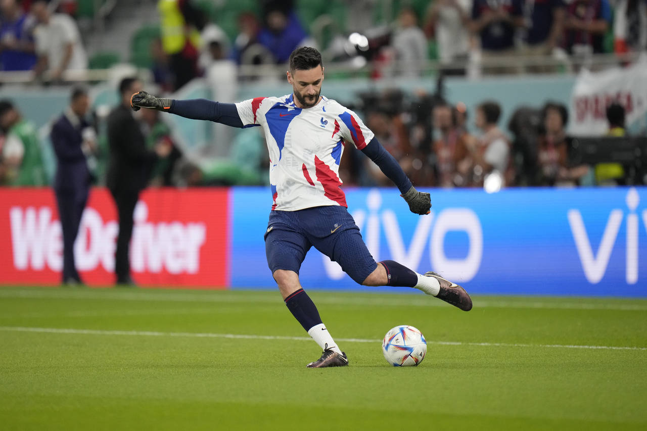 France's goalkeeper Hugo Lloris kicks the ball during warm up ahead of the World Cup round of 16 so...