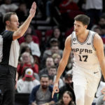 
              San Antonio Spurs forward Doug McDermott (17) reacts after making a three point basket during the second half of an NBA basketball game against the Houston Rockets, Monday, Dec. 19, 2022, in Houston. (AP Photo/Eric Christian Smith)
            