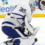 
              Toronto Maple Leafs goaltender Matt Murray (30) makes a save on a shot by the Tampa Bay Lightning during the second period of an NHL hockey game Saturday, Dec. 3, 2022, in Tampa, Fla. (AP Photo/Chris O'Meara)
            