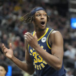 
              Indiana Pacers center Myles Turner (33) reacts to a foul during the second half of an NBA basketball game against the Utah Jazz, Friday, Dec. 2, 2022, in Salt Lake City. (AP Photo/Rick Bowmer)
            