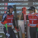 
              From left, second placed Norway's Henrik Kristoffersen and the winner Norway's Lucas Braathen talk after an alpine ski, men's World Cup giant slalom, in Alta Badia, Italy, Sunday, Dec. 18, 2022. (AP Photo/Alessandro Trovati)
            